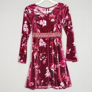 Arizona Jean Company Girls 16 Long Sleeve Velvet Dress Burgundy‎ Floral Witchy